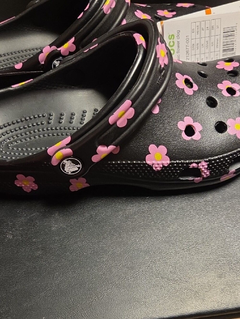 CROCS Black Clogs with Pink and Yellow Flower Accents - Picture 5 of 6